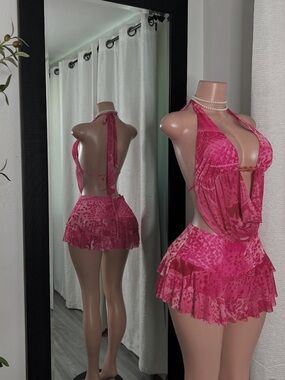 Pink Halter Cowl Skirt Set